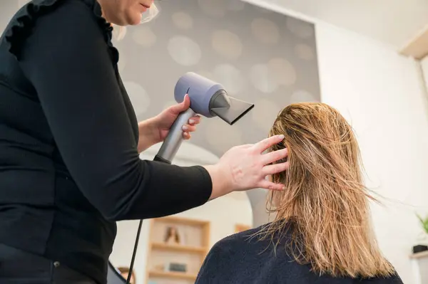 Back View Unrecognizable Woman Getting Her Hair Blow Dried Stylist — Stock Photo, Image