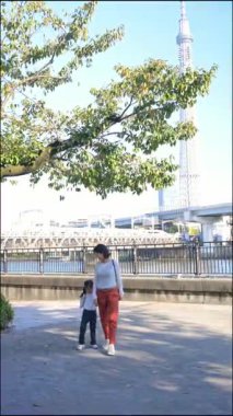 Mutlu küçük kız ve anne el ele tutuşuyor, yürüyor, Tokyo 'da bir parkta gülüyor, güneşli bir günde arka plandaki Skytree' de. Anne ve kızı arasında samimi bir an. aile kavramı