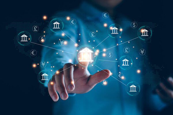 Концепция центрального банка и международной валюты. Бизнесмен обменивает доллар юань йен фунт стерлингов и евро на валютный и валютный перевод. международная валюта, мировой банк