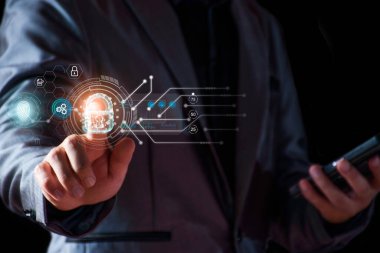 Siber güvenlik kavramı. İş adamı giriş yetkisi hassas bilgi, veri güvenliği, güvenli şirket internet ağı, hack koruması, parmak izi tarayıcısı, siber alan, iş güvenliği