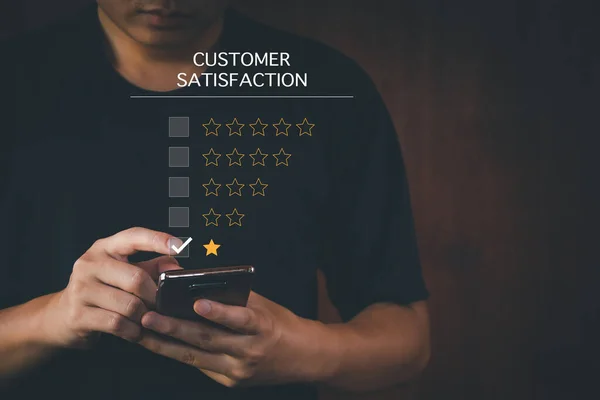 Dissatisfied customer experience concept, unhappy businessman or customer with sad face using smartphone, bad review, not good service dislike quality, low rating, low satisfaction, bad social media.