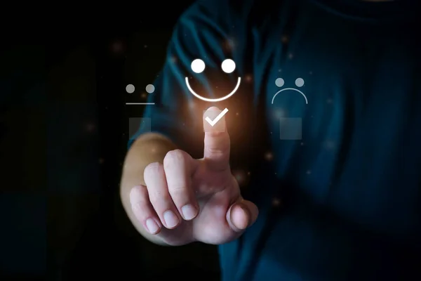 Customer satisfaction survey. Customer Satisfaction Rating, Smiley Emoji, Happy Customer, Good Service, Positive Rating, Happy Service, Five Star Service. Virtual touch screen, futuristic technology.