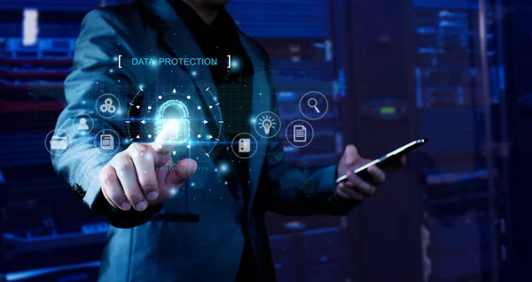 Data Protection Concept. Businessman touching the padlock. on the virtual screen in the digital world, data theft prevention, data safe, cyber security, privacy protection, internet networking.
