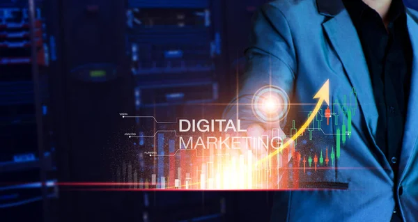 Digital marketing concept. Business man analyzing internet marketing online, business planning, online digital business, online stock market analysis, stock chart upward trend, digital stock trading.