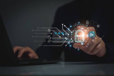 Siber güvenlik kavramı. İş adamı giriş yetkisi hassas bilgi, veri güvenliği, güvenli şirket internet ağı, hack koruması, parmak izi tarayıcısı, siber alan, iş güvenliği