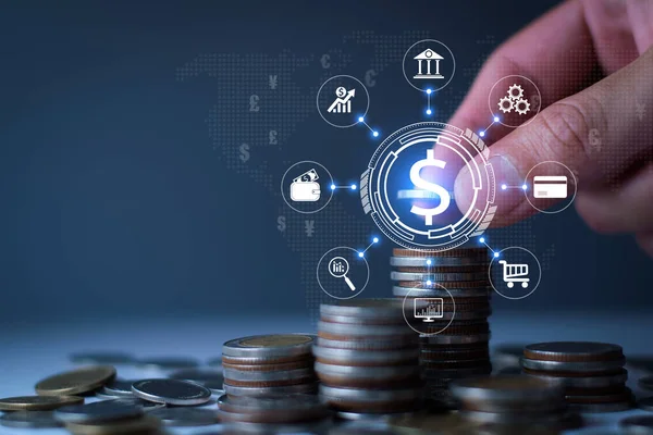 Businessman use digital money for business investment, online digital investment, planning trading and long-term investments, financial planning to increase profits, putting coins bussiness growth.