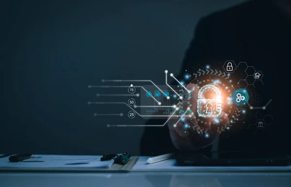 stock image Cyber security concept. Businessman login access business sensitive information, data security, secure company internet network, hack protection, fingerprint scanner, cyber space, business security