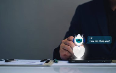 AI Chatbot akıllı dijital iş uygulaması konsepti, bilgisayar mobil uygulaması müşterilere anında yardımcı olmak için yapay zeka sohbet robotları kullanıyor
