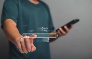 Search engine optimization, SEO, Searching Browsing Internet Data Information Networking Concept, Businessman use smartphone for find data on networking, copy space.