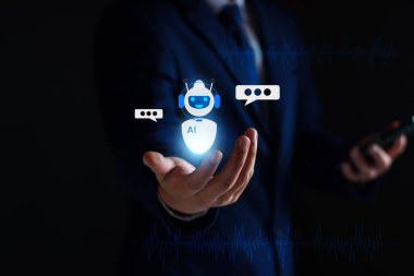 AI Chatbot akıllı dijital iş uygulaması konsepti, bilgisayar mobil uygulaması müşterilere anında yardımcı olmak için yapay zeka sohbet robotları kullanıyor