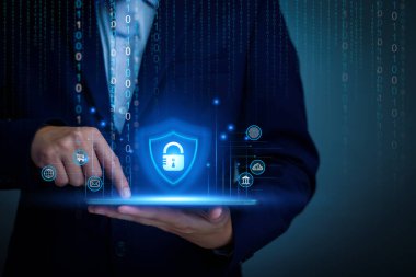Ağ güvenlik sistemi. Tablet 'in kişisel bilgileri. Bilgi ve Siber Güvenlik Teknoloji Servisi. İnternet Teknolojisi. Dijital veri koruması. Siber Asma Kilit güvenlik uygulaması.