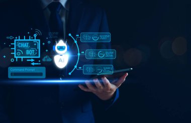 Chatbot konsepti. Yapay Zeka 'yı aç. Teknolojik akıllı robot yapay zeka kullanan işadamı, komut komutunu girin, iş bilgisi analizi için bağlantı kurun, gelecekteki teknoloji dönüşümü.