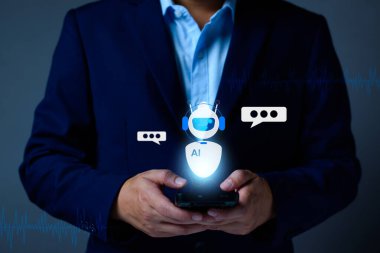 AI Chatbot akıllı dijital iş uygulaması konsepti, bilgisayar mobil uygulaması müşterilere anında yardımcı olmak için yapay zeka sohbet robotları kullanıyor