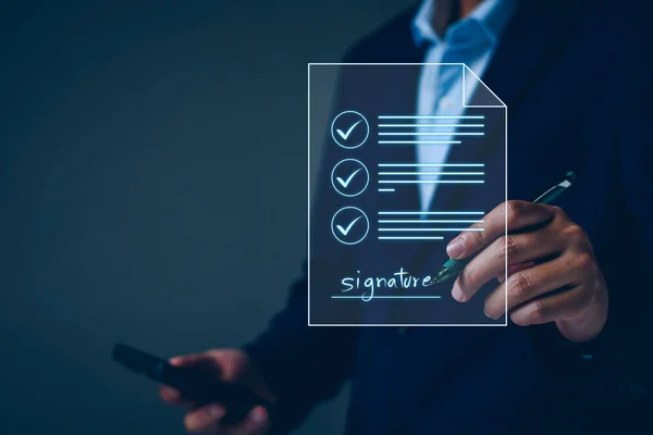 Electronic signature business concept. Manager is electronic signing investment approval, business approved, executing plan, project approved. digital signature. electronic documents, digital business