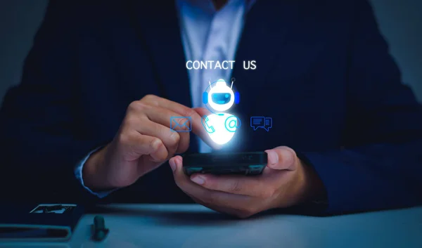 AI Contact us concept. Business man consulting customers who contact us, call center service, customer consulting service, email, hotline, business contact, AI Artificial Intelligence, digital service