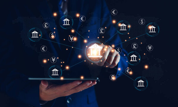 Концепция центрального банка и международной валюты. Бизнесмен обменивает доллар юань йен фунт стерлингов и евро на валютный и валютный перевод. международная валюта, мировой банк