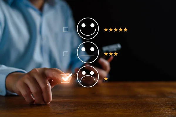 Bad service concept. Customer rating low satisfaction, unhappy customer, poor service, dissatisfied product, substandard product, negative face icon. Online satisfaction survey via virtual screen.