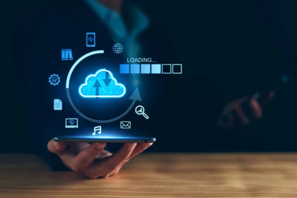 Data download from cloud computing concept. Man using smartphone and computer to download, upload business information, media files. Cloud computing technology, intelligent storage on Internet