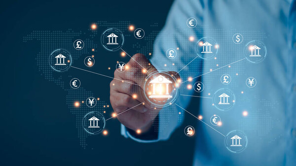 Концепция центрального банка и международной валюты. Бизнесмен обменивает доллар юань йен фунт стерлингов и евро на валютный и валютный перевод. международная валюта, мировой банк