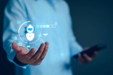 Chatbot konsepti. Yapay Zeka 'yı aç. Teknolojik akıllı robot yapay zeka kullanan işadamı, komut komutunu girin, iş bilgisi analizi için bağlantı kurun, gelecekteki teknoloji dönüşümü.