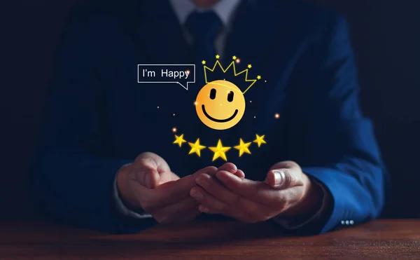 Customer service and Satisfaction ,business man giving Feedback satisfaction. five stars Positive Review. Client Satisfaction Surveys, good, five stars, best product and service. Excellence guarantee.