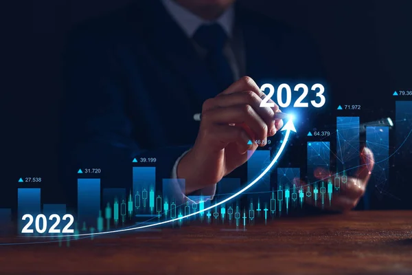 Digital Marketing 2023 Goals Businessman Analyzing Internet Marketing Online 2023 — Stock Photo, Image