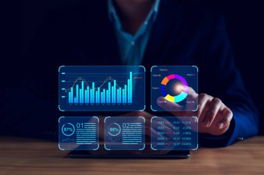 Performansı analiz etmek ve sanal ekranda işletim yönetimi için içgörü raporları ve stratejik kararlar oluşturmak için çizelgeler, ölçüler ve KPI ile iş analizcileri üzerinde çalışan veri analisti.