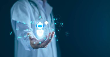 Medical technology, doctor use AI robots for diagnosis, care, and increasing accuracy patient treatment in future. Medical research and development innovation technology to improve patient health.