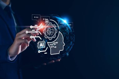 Chatbot konsepti. Yapay Zeka, Yapay Zeka. Teknolojik akıllı robot sohbet Al, komut komutu girin, Sorular ve Cevaplar, çeşitli verileri analiz, fütürist teknoloji dönüşümü.