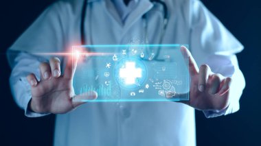 Tıp doktorlarının teşhisi ve elektronik tıbbi kayıtları. DNA testi. Modern sanal arayüz, tıbbi teknoloji ve gelecekteki konsept üzerindeki dijital sağlık ve ağ bağlantıları.