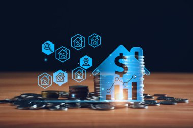 Gayrimenkul yatırım konsepti, sanal ekranlarda online gayrimenkul. ev arama, arsa fiyatı, emlak vergisi, emlak piyasası, ev satın alma, konum, enerji verimliliği notu ve emlak değeri