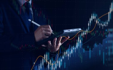 Finansal yatırım konsepti için uygun borsa veya önx ticaret grafiği ve şamdan grafiği. Ekonomik eğilimleri analiz eden iş adamı iş fikri ve tüm sanat tasarımı için arka plan.