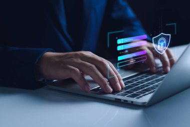 Siber güvenlik girişi. kullanıcı gizliliği güvenliği ve şifreleme, güvenli internet erişimi gelecek teknolojisi ve sibernetik, ekran kilidi, biyotik giriş teknolojisi parmak izi taraması. mahremiyet koruması