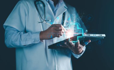 Medical technology, doctor use AI robots for diagnosis, care, and increasing accuracy patient treatment in future. Medical research and development innovation technology to improve patient health.