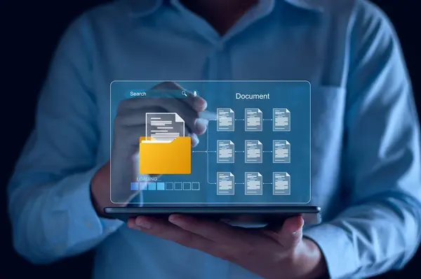 Document management and network system concept. Businessman use smart tablet loading documents in online archives ,Document management Storage and technology on digital document paperless operation.