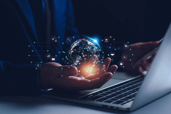 Концепция бизнес-сети онлайн-маркетинга. Бизнесмен подключается к бизнес-сети через Интернет. Планирование инвестиций в недвижимость, анализ рынка с помощью ИИ, анализ потребностей клиентов.