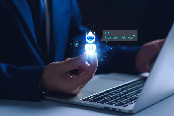 Chat bot concept. AI, Artificial Intelligence. businessman using technology smart robot chat AI, enter command prompt, Questions and Answers, analyze various data, Futuristic technology transformation