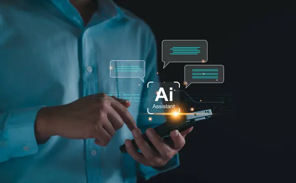 Chat robot ai assistant concept. Man command prompt to smart ai chatbot on virtual screen. Modern technology ai or artificial intelligence service on online website. Help solve various problems.