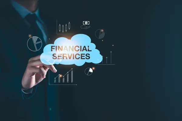 Financial services concept. Advisor holding virtual cloud technology financial services support online system. Advisor giving financial management advice, investment, business analysis, online consult