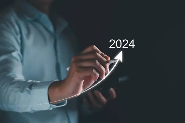 2024 new year goal concept. Hand touch goal icon, target 2023 to 2024 for preparation happy new year, start new year. Planning, opportunity, challenge, business strategy. New goal for Next Year 2024.