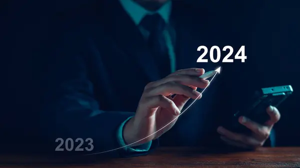 2024 new year goal concept. Hand touch goal icon, target 2023 to 2024 for preparation happy new year, start new year. Planning, opportunity, challenge, business strategy. New goal for Next Year 2024.