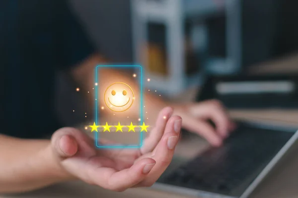 Customer survey satisfaction and customer opinion review concept. Customer rate satisfaction 5 stars, happy experience feedback, satisfaction survey, poll, excellent quality service guarantee.