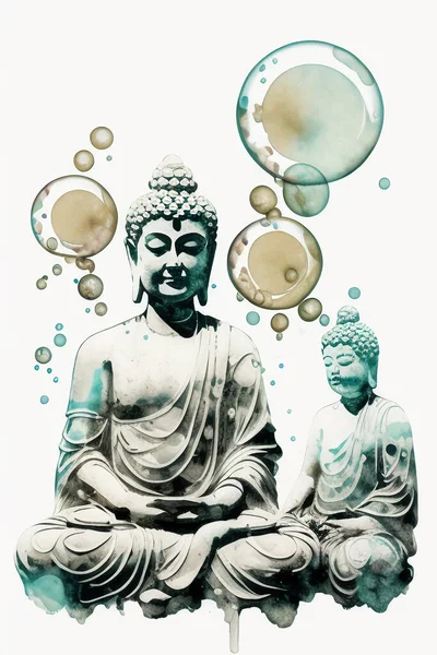 Buddhas in meditation among bubbles, in watercolor