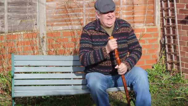 Senior Elderly Man Sitting Bench Relaxing Happy Content — Stock Video