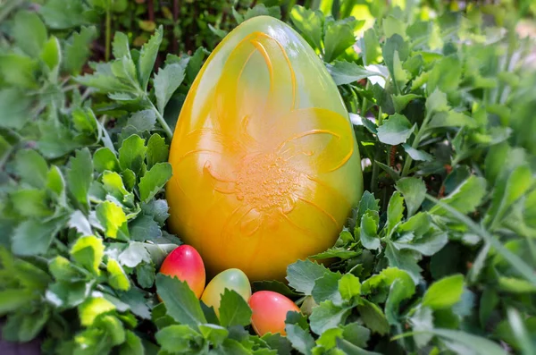 Büyük çikolatalı paskalya yumurtası ve küçük çikolatalı yeşil otlar.