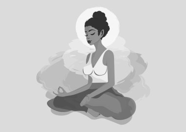 Nilüfer pozisyonunda bir kız, beyaz ayın arka planında ve sisli siyah beyaz