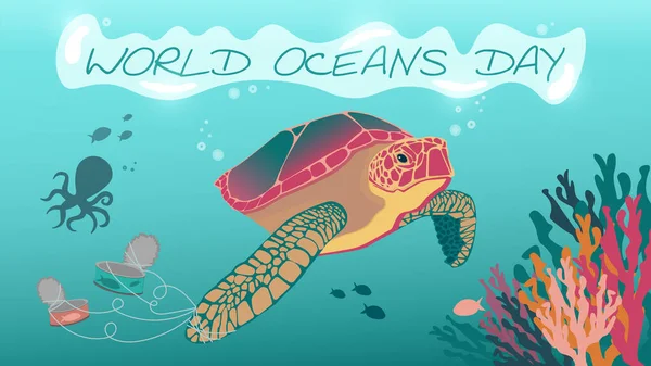 Dünya Okyanuslar Günü, bir kaplumbağa okyanusun dibinde yüzer ve pençelerinde teneke kutular, okyanuslarla ilgilenir.