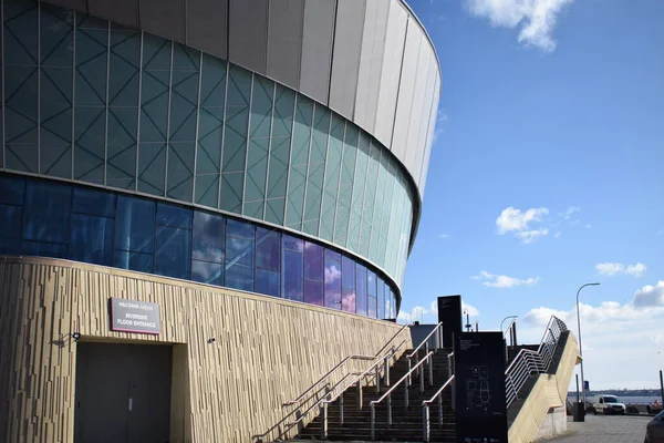 stock image Liverpool, Merseyside, England - March 10 2023: M&S Bank Arena at Liverpool city's King's Dock in Merseyside. Echo arena sponsored by Marks and Spencer to host the Eurovision Song Contest 2023 in support of Ukraine