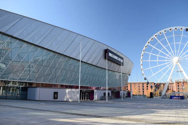 Liverpool, Merseyside, İngiltere - 10 Mart 2023: M & S Bank Arena, Liverpool şehrinin Merseyside 'daki King' s Rıhtımı. Echo Arena sponsorluğunda Marks ve Spencer, Ukrayna 'yı desteklemek amacıyla 2023 Eurovision Şarkı Yarışması' na ev sahipliği yapacak.