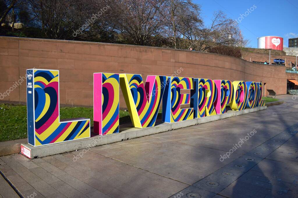 Liverpool, Merseyside, United Kingdom: Landmark Liverpool Sign located at Liverpool ONE shopping centre promoting the Eurovision Song Contest 2023 in support of Ukraine